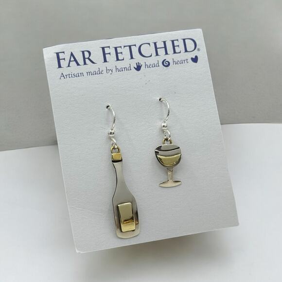 Far Fetched Wine Glass Bottle Dangle Earrings Mismatched Design Artisan Silver - Picture 2 of 5